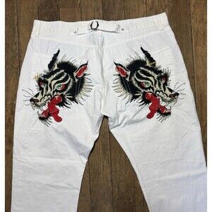 Ed Hardy RARE Wolf Embroidered White Jeans Y2K Mens Pants Size 40 X 34 EUC